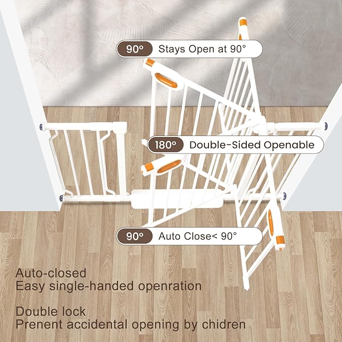 owlie 37.4" Extra Tall Wide Baby Gate for Stairs Doorways,75-85 Inch Extra Large Long Baby Gate with Door Indoor Safety Metal Pressure Mounted Pet Gate with Walk-Thru Auto Close, White