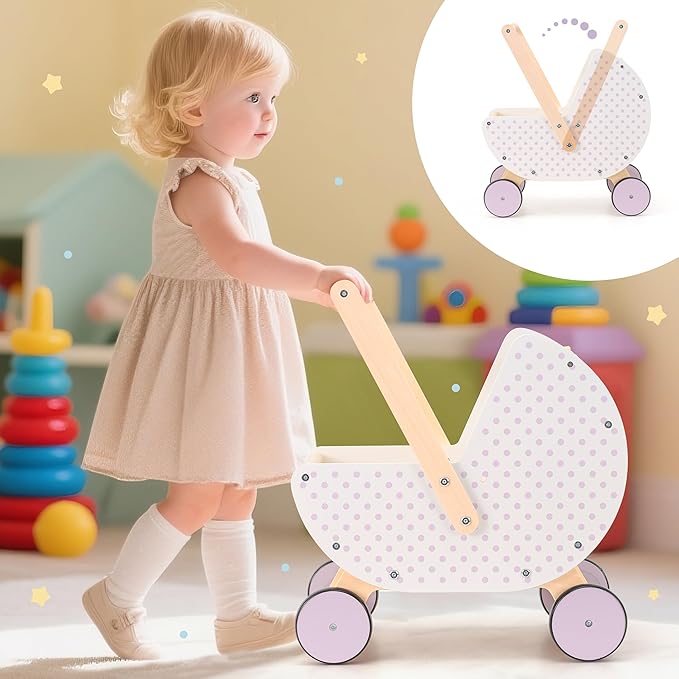 Wooden Baby Walker & Doll Stroller – Adjustable Handle Push Cart, Anti‑Tip, Quiet Wheels, Pretend Shopping Cart – Montessori Wooden Walker for Babies, Doll Stroller for Toddlers 12m+