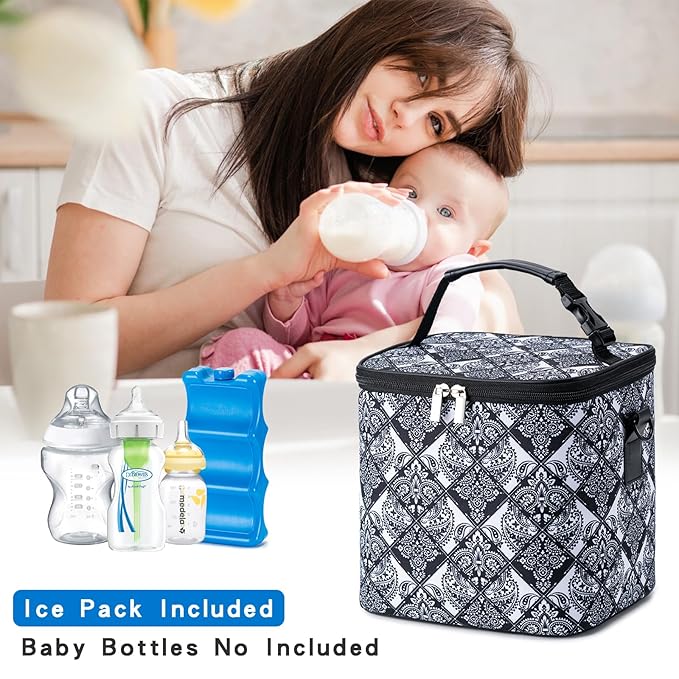 Breastmilk Cooler Bag with Ice Pack Fits 6 Baby Bottles Up to 9 Ounce, Baby Bottle Bag with Shoulder Strap for Nursing Mom Daycare, Black