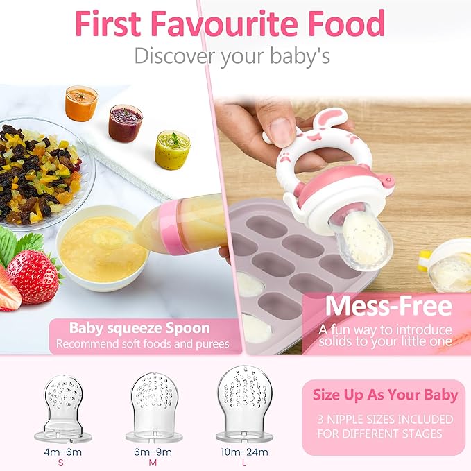 WAJIAYON Baby Fruit Feeder Pacifier | Infant Food Feeder Pacifier & Baby Food Dispensing Spoon | Mesh Fresh Fruit Teethers for Babies | Infant Teething Feeders Shower Gifts for Boys and Girls(Blush)