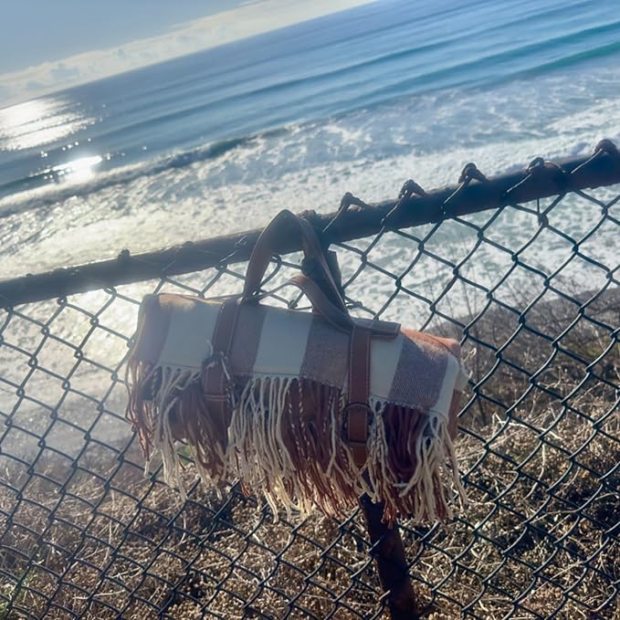 Picnic Blanket Extra Large Waterproof with Strap 59"x79" - Machine Washable Tassels Faux Wool Cashmere for Park, Grass, Camping, Hiking, Concerts (Coffee Plaid, 59"X79")