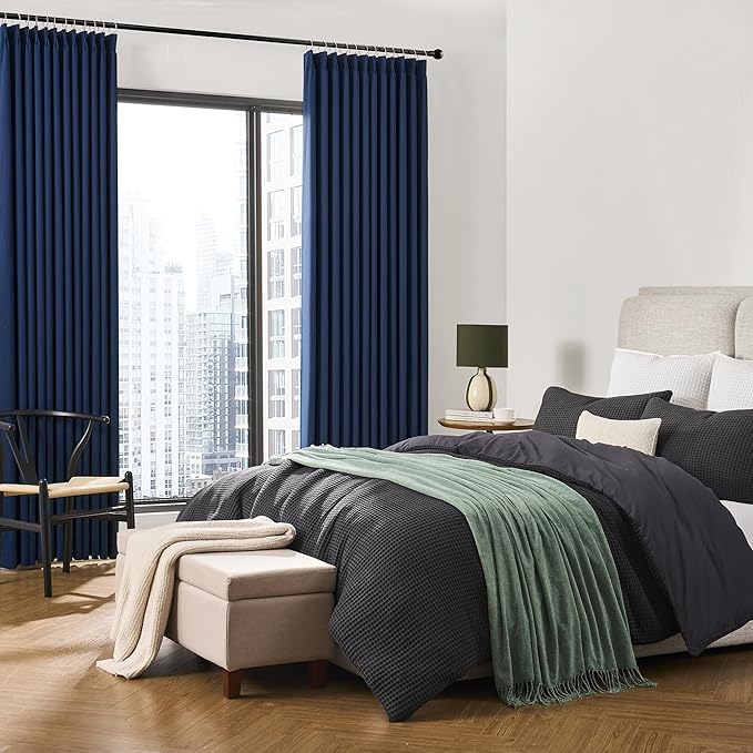 KEQIAOSUOCAI 2 PCs Navy Blue Pleat Wide Drapes for Sliding Glass Door 60 Wide x 105 Inch Long, Privacy Light Block Noise Reduce Insulated Ceiling to Floor for Locker Room Basement Bedroom Closet