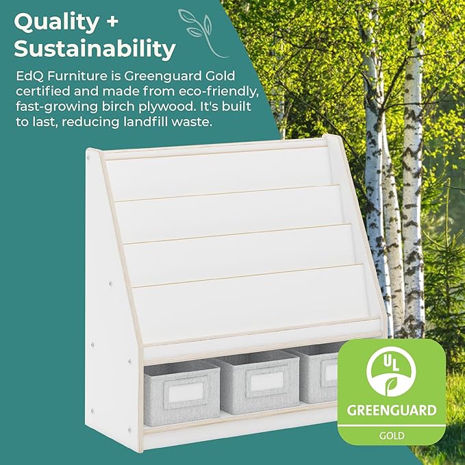 Guidecraft EdQ Book and Bin Display White with 3 Storage Bins: Wooden Kids Bookcase and Toy Storage Organizer; Homeschool and Classroom Bookshelf Furniture