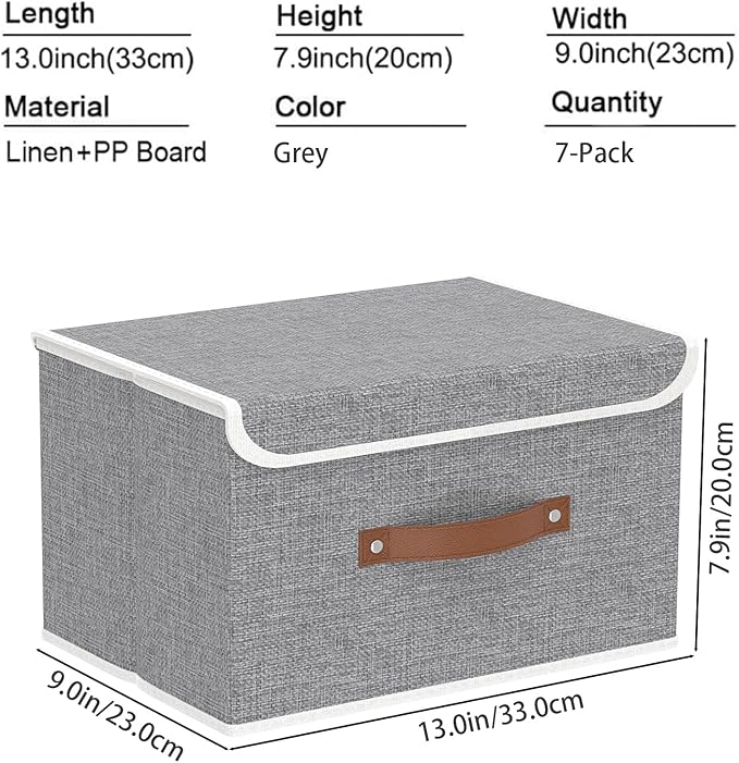 Yawinhe Collapsible Storage Boxes, Foldable Bin with Lids, Cube Clothes Organizer Basket with Handles, Grey, 13.0''Lx9.0''Wx7.9''H, 7-Pack, SNK024GS-7