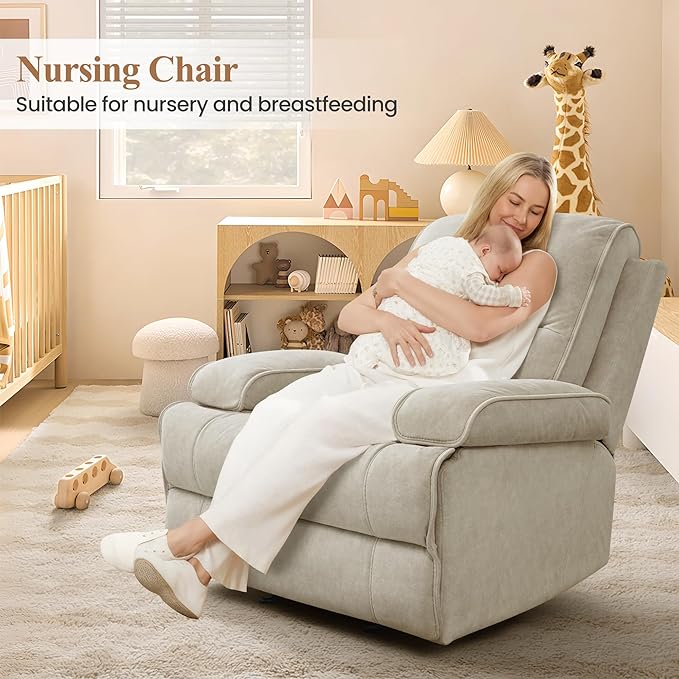 Nursery Rocking Chairs,Velvet Rocker Recliner Nursing Chair,Oversized Nursery Recliner Glider Chair with Extra Wide Footrest for Breastfeeding,Beige