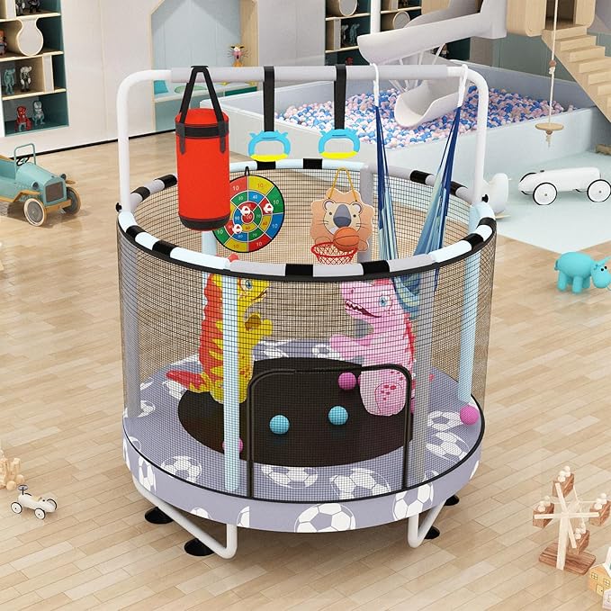LAMERGE 55" 7-in-1 Round Trampoline for Kids Boys & Girls Ages 1-8, Indoor & Outdoor Trampoline for Fun, Adjustable Height Handrail ＆ Enclosed Safety Net ＆ Durable Designs for Toddlers Children