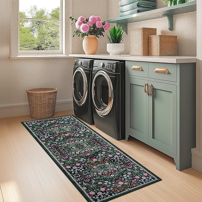 Runner Rug for Entryway: 2x6 Kitchen Rugs Non Slip Washable Ultra-Thin Soft Floral Carpet Indoor Floor Stain Resistant Carpets for Hallway Bedroom Kitchen Laundry Bathroom Dorm Dark Green