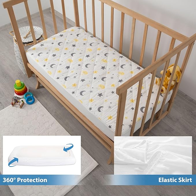 Waterproof Crib Mattress Protector Sheets,%100 Cotton Fabric, Absorbent Crib/Toddler Mattress Protector, Quilted, Certified, Noiseless Machine Wash, Moon&Star Pattern 52"x28" (Small Single, 2, Pack)