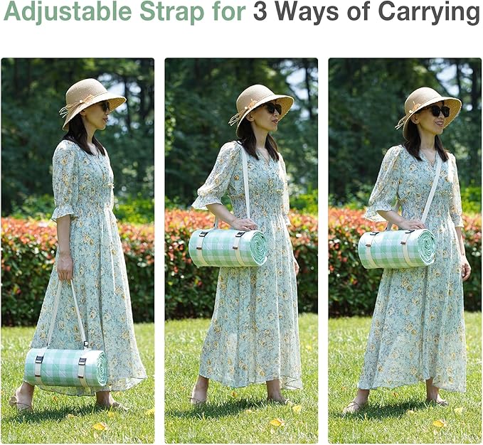 Picnic Blanket, 80''x80'' Waterproof Outdoor Blankets, Picnic Mat Washable for Beach, Picnic Blankets for Camping on Grass with Shoulder Strap - Green & White