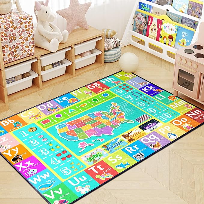 ABC Rug for Kids Playroom, 5'x 6'6" Washable Classroom Area Rugs, Educational Learning Mat with Alphabet Numbers Animals Seasons Shapes for Classroom Preschool Playroom