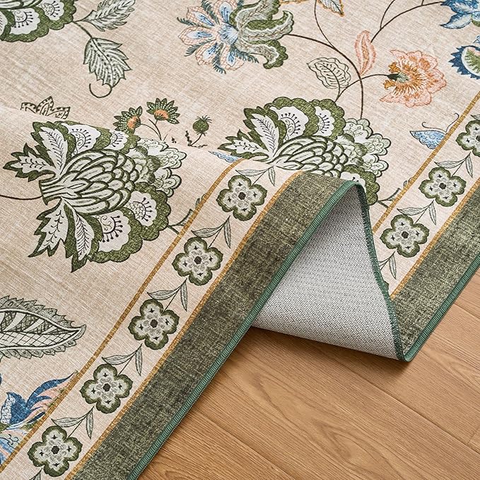 jinchan 2x3 Floral Rug for Entryway Washable Kitchen Rug Vintage Romance Design Small Mat Non Slip Indoor Doormat Lightweight Low-Profile Throw Carpet for Entrance Bathroom Laundry Room, Green/Beige