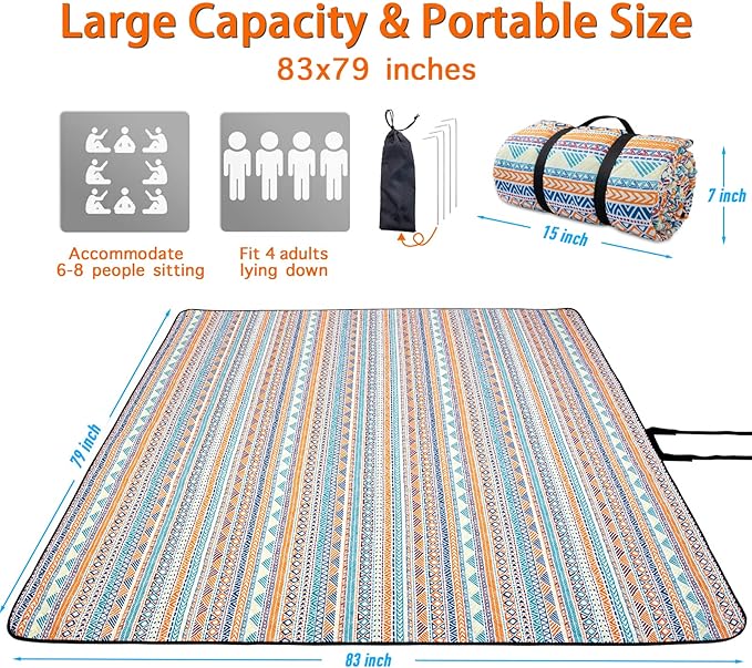 PY SUPER MODE Picnic Blankets Extra Large, Waterproof Foldable Outdoor Beach Blanket Oversized 83x79” Sandproof, 3-Layer Picnic Mat for Camping, Hiking, Travel, Park, Concerts(Orange Boho)