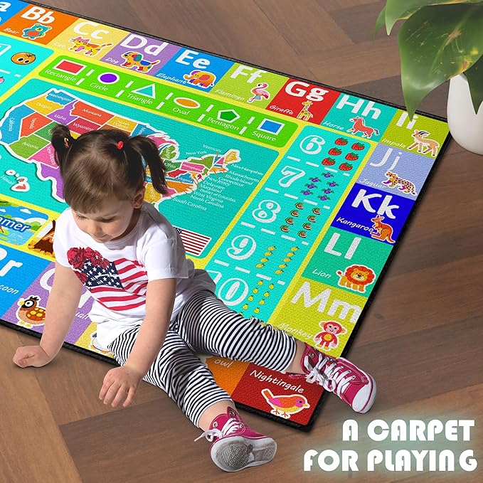 ABC Rug for Kids Playroom, 59"x39" Washable Classroom Area Rugs, Educational Learning Mat with Alphabet Numbers Animals Seasons Shapes for Classroom Preschool Playroom