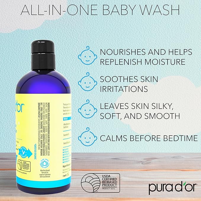 PURA D'OR All-in-One Baby Wash (16 Oz x3 = 48 Oz) USDA Biobased, Zero Sulfates, No Artificial Scents, Tear-Less, Hypoallergenic, Gentle, Calming 2-in-1 Baby Bath Wash & Shampoo