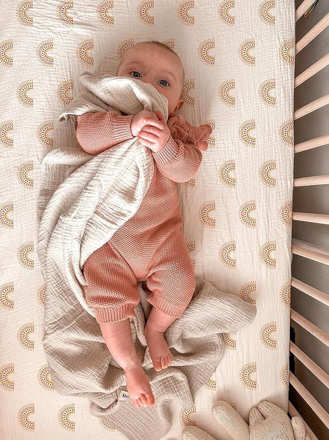 Bassinet Sheet for Baby Boy and Girl 2 Pack, Fitted Sheets for Rectangle, Oval, Hourglass Bassinet Mattress, Muslin Moses Basket Sheets with Neutral Style (Beige & Rainbow)