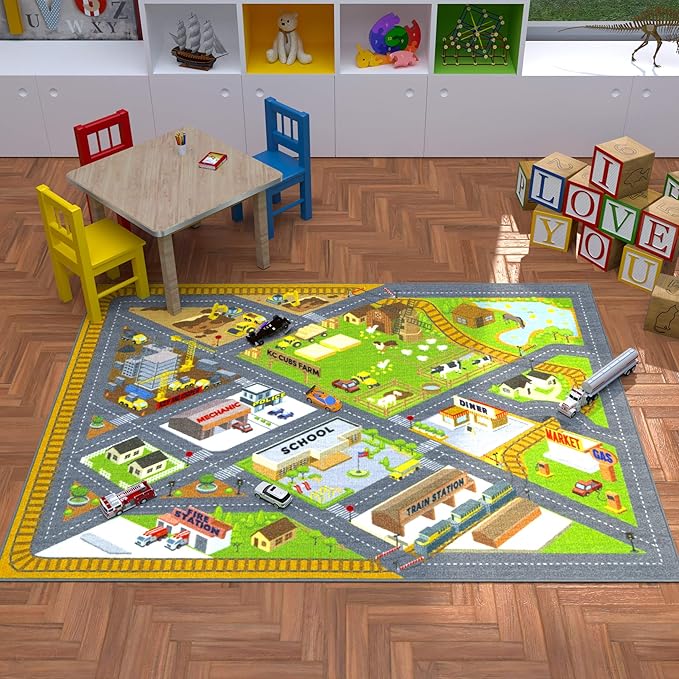 KC Cubs 8x10 Country Farm Construction Car Road Street Rug – Educational Carpet Play Mat for Kids, Toddlers Nursery, Classroom, Playroom, Baby Daycare