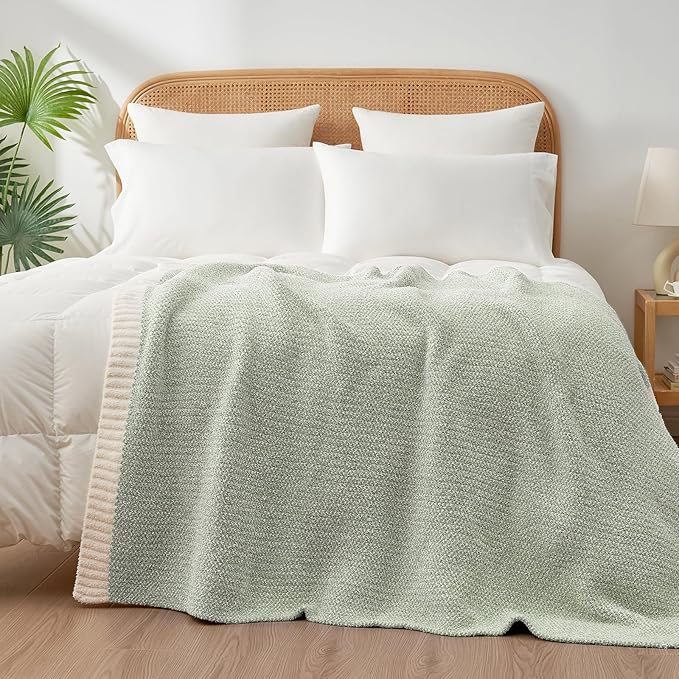 Snuggle Sac Heather Sage Green Throw Blanket for Couch, Reversible Super Soft Knitted Blankets Warm Cozy Fuzzy Throws for Sofa, Bed, Camping, Sage Green, 50x60 inches