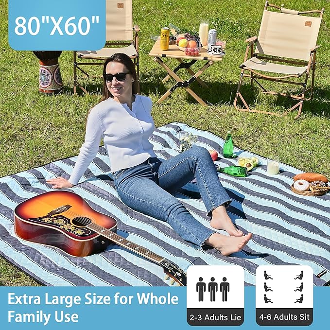 HX&OD Outdoor Picnic Blanket Extra Large, 80''*60'' Waterproof Picnic Mat with Stakes Foldable Camping Blanket Portable with Carry Strap for Beach Mat (Green& White, 80''*60'')