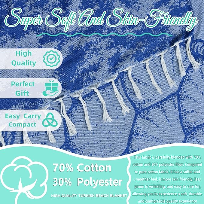 Oversized Turkish Beach Towel Blanket Cotton Giant XL Sandproof Towels Huge Linen XXL Extra Large Big Throw Quilt Blankets for Adults Blue Turtle