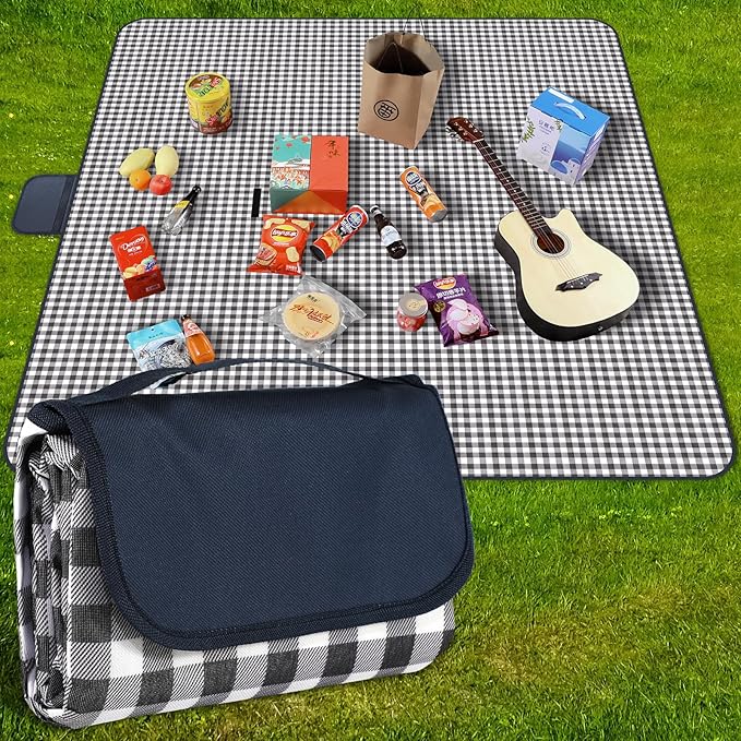 Picnic Blanket Waterproof Beach Rug 80''x118'' Picnic Mat Washable Lightweight with Handle Navy Blue Checkered for Hiking Travelling Outdoor Camping,Parks
