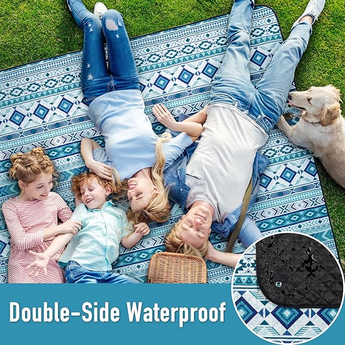 PY SUPER MODE Picnic Blankets Extra Large, Waterproof Foldable Outdoor Beach Blanket Oversized 83x79” Sandproof, 3-Layer Picnic Mat for Camping, Hiking, Travel, Park, Concerts(Teal Boho)