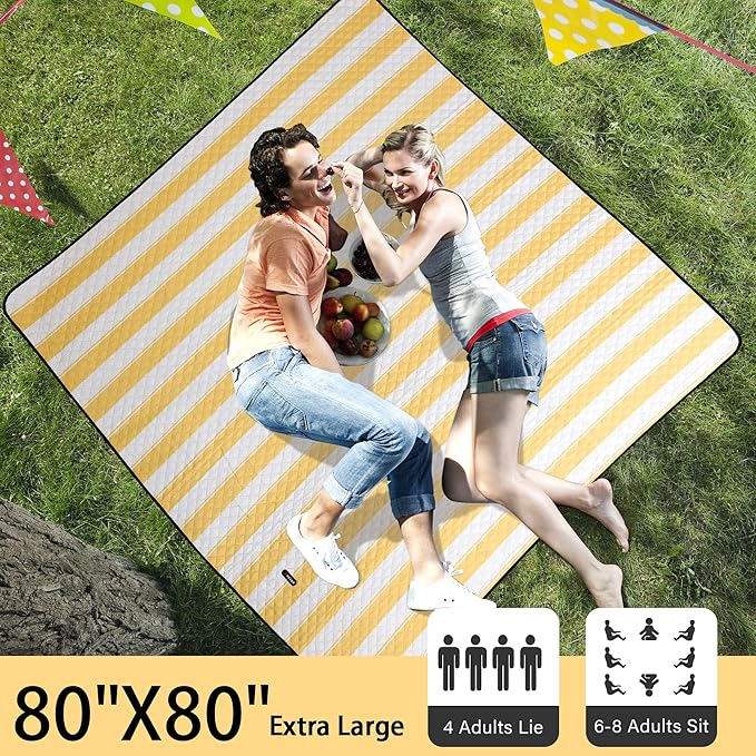 HX&OD Extra Large Picnic Outdoor Blanket, 80”x80” Waterproof Picnic Mat Foldable Camping Blanket Portable with Carry Strap for Beach Mat Outdoor Camping Party(Yellow)