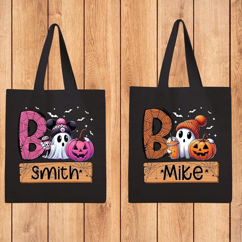 Personalized Trick or Treat Bags Custom Name Halloween Canvas Tote Bags for Kids Pumpkin Ghost Boo Bag Halloween Tote Bags for Girls and Boys Reusable Candy Totes 15" x 16"