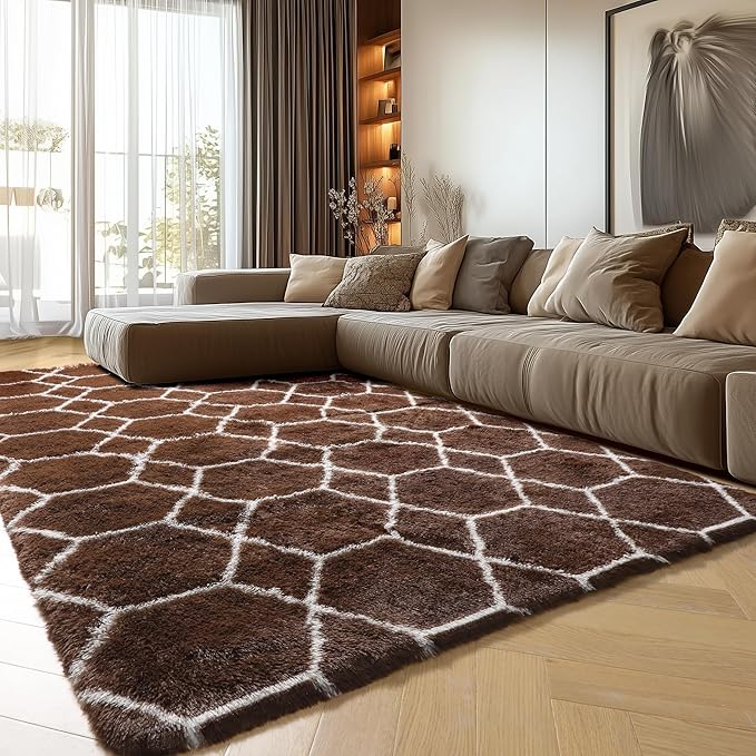 ONASAR 5x7 Area Rugs for Living Room Bedroom, Washable Fluffy Brown and White Throw Rug, Geometric Boho Soft Plush Shaggy Floor Bedside Carpet Mat for Nursery Kids Girls Boys Teen Dorm Home Decor