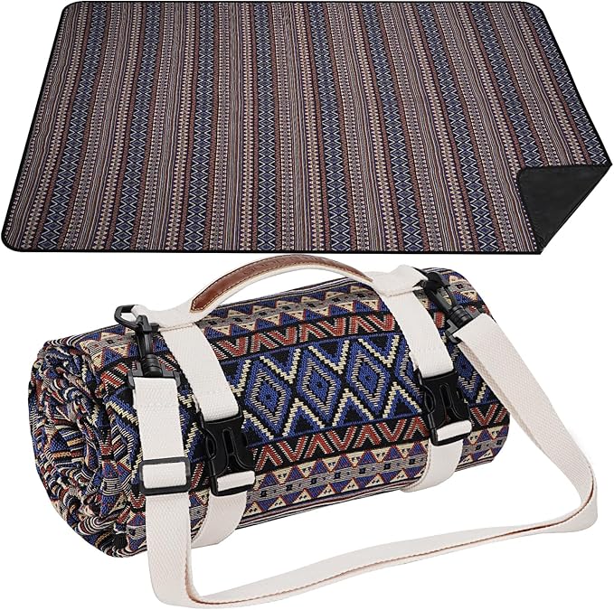 Picnic Blankets Outdoor Extra Large-Waterproof Picnic Blanket with Shoulder Carry Strap | Machine Washable Picnic Mat with Sandproof Backing for Park , Grass, Camping, Hiking, Concerts (Blue)