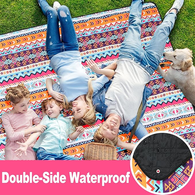 PY SUPER MODE Picnic Blankets Extra Large, Waterproof Foldable Outdoor Beach Blanket Oversized 83x79” Sandproof, 3-Layer Picnic Mat for Camping, Hiking, Travel, Park, Concerts-Bohemian Brown