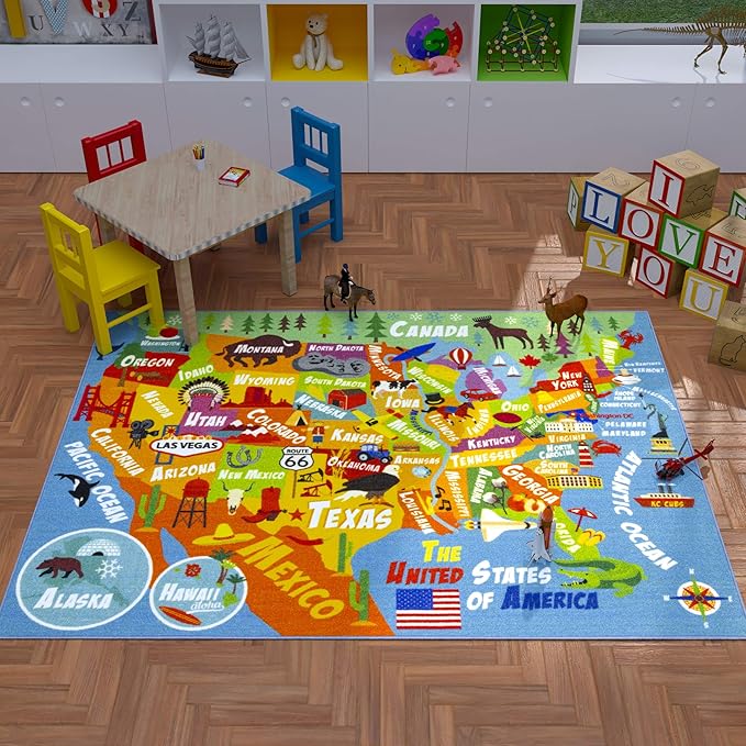 KC Cubs 8x10 USA United States Map Toy Car Road Rug – Educational Play Mat Carpet for Kids, Toddlers, Nursery, Classroom, Playroom, Baby Daycare