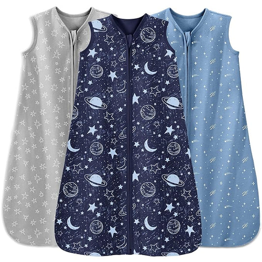 Baby Sleep Sack 0-6 Months 3 Pack 100% Cotton Lightweight 0.5 TOG Wearable Blanket Baby Sleep Bag with 2-Way Zipper for Newborn Infant Blue