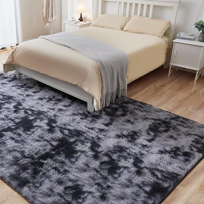 9x12 Fluffy Rugs for Living Room, Ultra Soft Plush Area Rug for Bedroom, Anti-Skid High Pile Indoor Carpet for Nursery, Kids Room, Playroom, Home Decoration, Tie-Dyed Dark Grey
