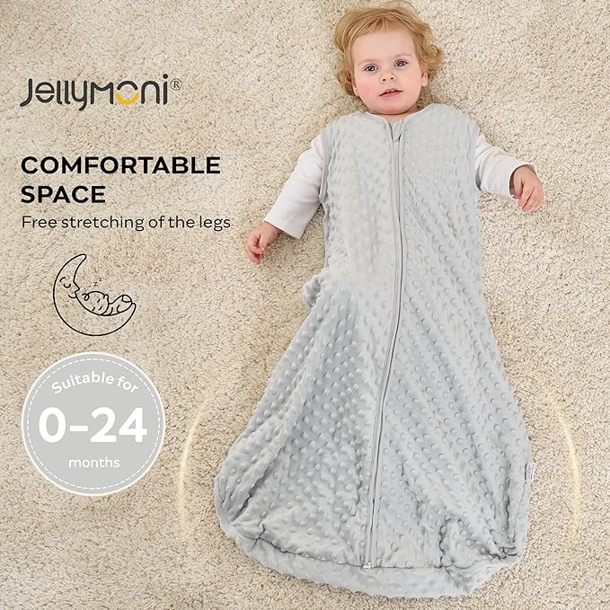 JELLYMONI Fleece Baby Sleep Sack 0-6 Months, 1.5 Tog Warm Winter Baby Wearable Blanket with Plush Dots and 2-Way Zipper, Cotton Toddler Sleep Sack