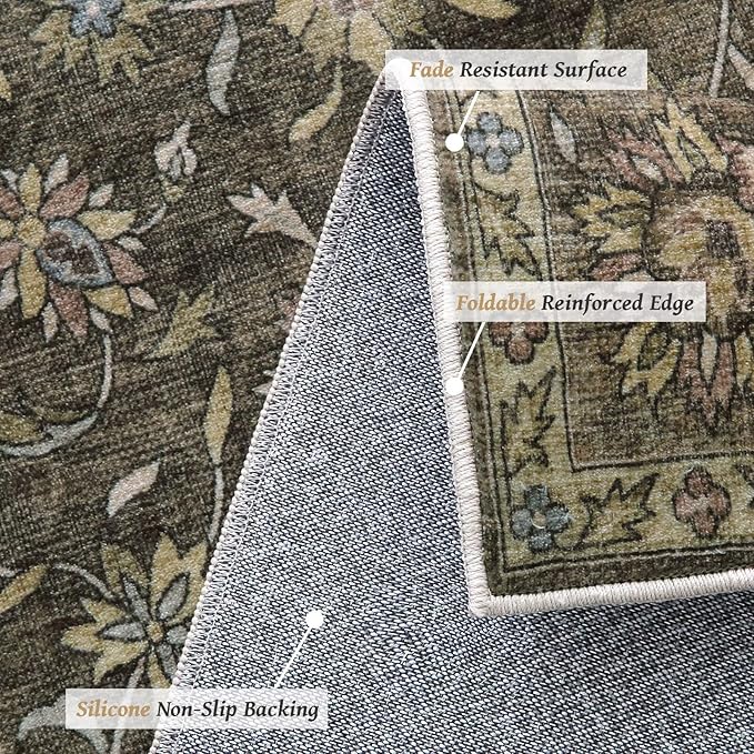 Washable 5x7 Area Rugs for Living Room, Boho Non-Slip Silicone Backing Rugs for Bedroom Dining Room Nursery Office, 0.3" Neutral Oriental Throw Carpet with 0.16" Cushioning Pad, Flaxen/Multi