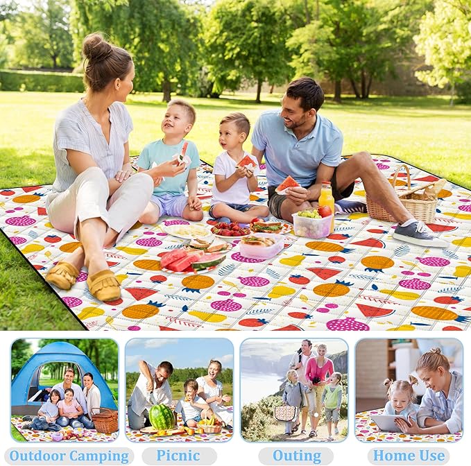 Poedist Extra Large Picnic Blanket Waterproof,80"x 80"Foldable Machine Washable Beach Blanket,Outdoor Blanket for 6-8 Adults,Suitable for Indoor Crawling,Park Beach,Camping,Hiking,Family Travel(Fruit
