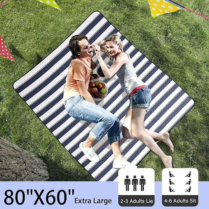 HX&OD Outdoor Picnic Blanket Extra Large, 80”x60” Waterproof Picnic Mat Foldable Camping Blanket Portable with Carry Strap for Beach Mat (Bule)