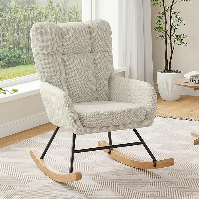 Rocking Chair Nursery, Teddy Baby Nursery Rocking Chairs, Modern Nursing Chair for Breastfeeding, Nursery Rocker for Small Spaces Indoor, Accent Glider Chairs for Living Room, Bedroom, Beige