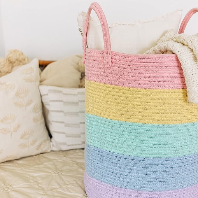 OrganiHaus Cotton Rope Basket for Rainbow Classroom Decor 15x18 | Toy Basket for Pastel Room Decor | Playroom Organization and Storage | Toy Bins & Book Basket | Tall Blanket Basket for Living Room