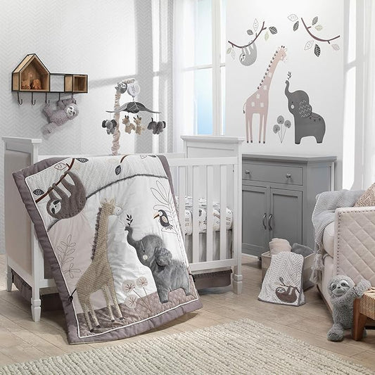 Lambs & Ivy Baby Jungle Animals 4-Piece Gray/White/Taupe Crib Bedding Set
