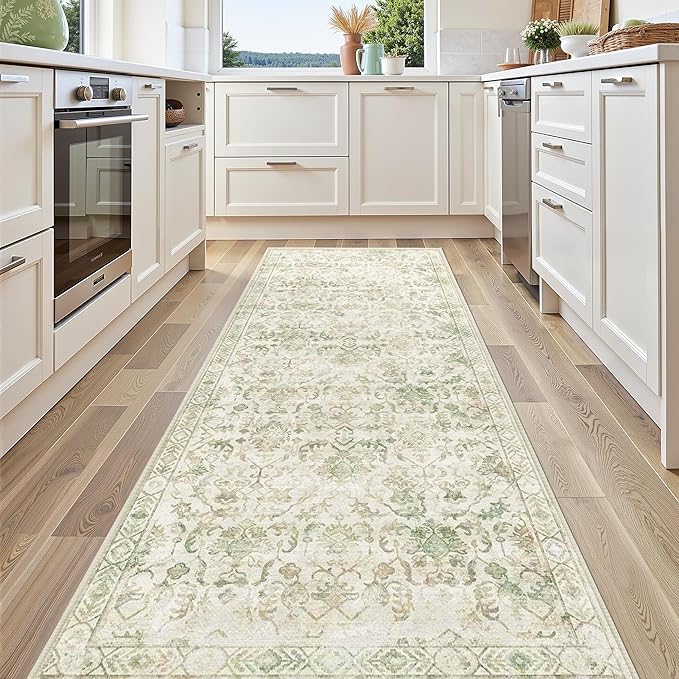 Green 2x6 Runner Rug for Hallways Bed Side Kitchen, Boho Washable Distressed Low-Pile Floor Entryway Long Bathroom Mat, Non-Slip Laundry Room Washstand Front Carpet Green 24x72 Inch