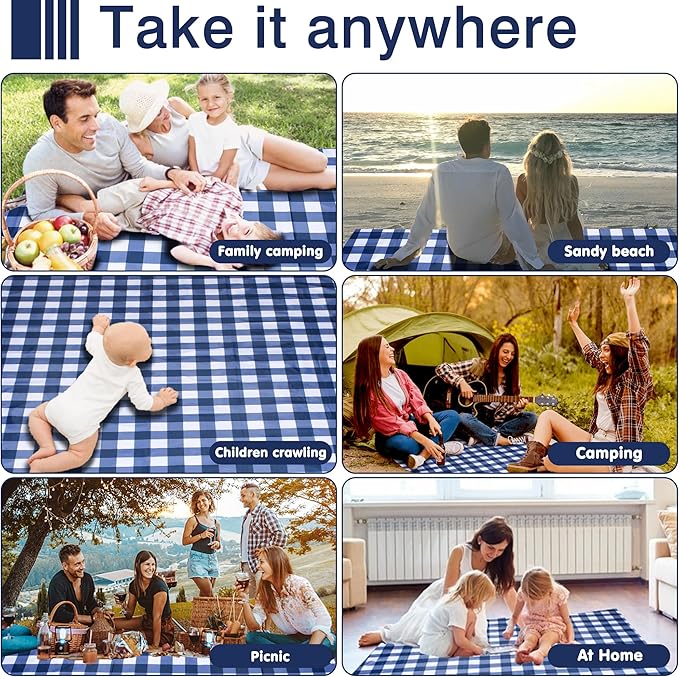80"x60" Waterproof Sandproof Picnic Mat - Portable Foldable Outdoor Blanket for Beach, Park, Travel & Indoor Use - Lightweight Compact Design, Easy-Carry (Blue&White)