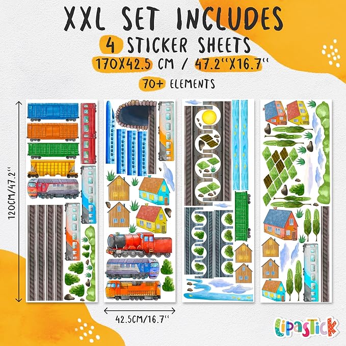 Train Wall Decals for Kids by Lipastick - Educational Railroad Wall Stickers for Boys and Girls - Peel and Stick Locomotive, Carriage, Wagon Wall Decals for Nursery, Playroom, Bedroom Decor -XXL Size