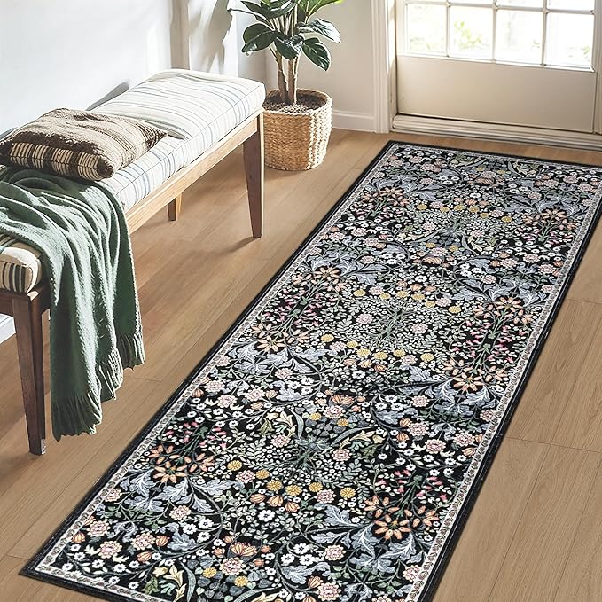 Runner Rug for Entryway: 2x10 Kitchen Rugs Non Slip Washable Ultra Soft Floral Carpet Indoor Stain Resistant Carpets for Hallway Bedroom Kitchen Laundry Bathroom Dorm Dark Black
