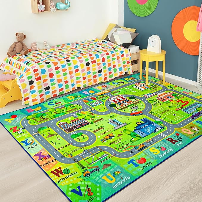Chicrug 4x6 Car Road Area Rug for Kids Playroom Bedroom, Non Slip Low Pile Washable ABC Alphabet Carpet for Classroom, City Track Play Mat for Toddler Children Nursery Baby Room Decor, Green