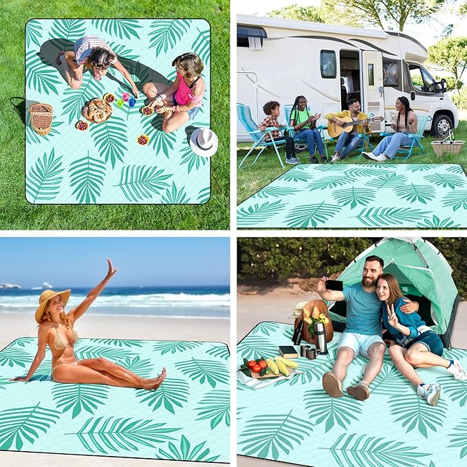 Picnic Blankets Waterproof Sandproof, 79''x79'' Extra Large Foldable & Portable Beach Blanket, 3-Layer Fabric Outdoor Mat for Family Camping, Park, Travel, Grass Lawn, Adults & Kids-Tropical Fern