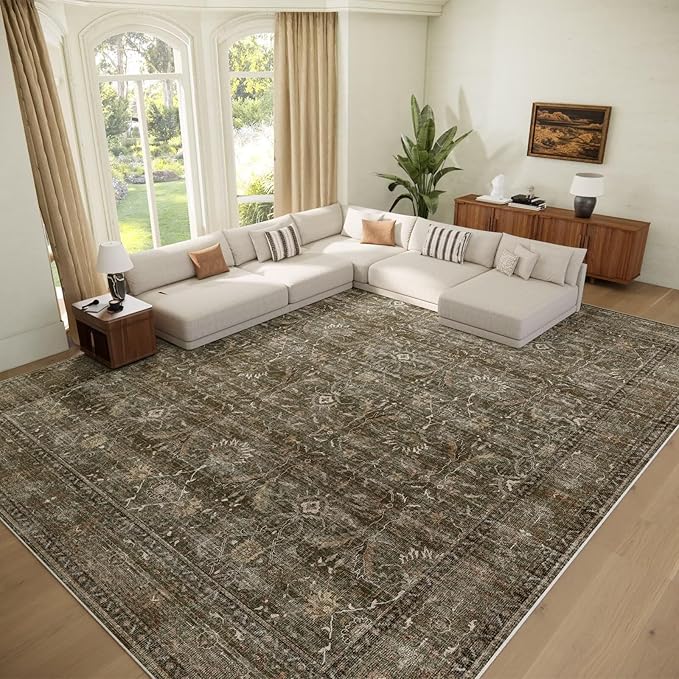 Washable 9x12 Area Rugs for Living Room, Boho Non-Slip Silicone Backing Rugs for Bedroom Dining Room Nursery Office, 0.3" Neutral Oriental Throw Carpet with 0.16" Cushioning Pad, Deep Brown/Multi