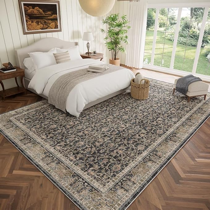 Washable 9x12 Area Rugs for Living Room, Boho Non-Slip Silicone Backing Rugs for Bedroom Dining Room Nursery Office, 0.3" Neutral Oriental Throw Carpet with 0.16" Cushioning Pad, Black/Multi