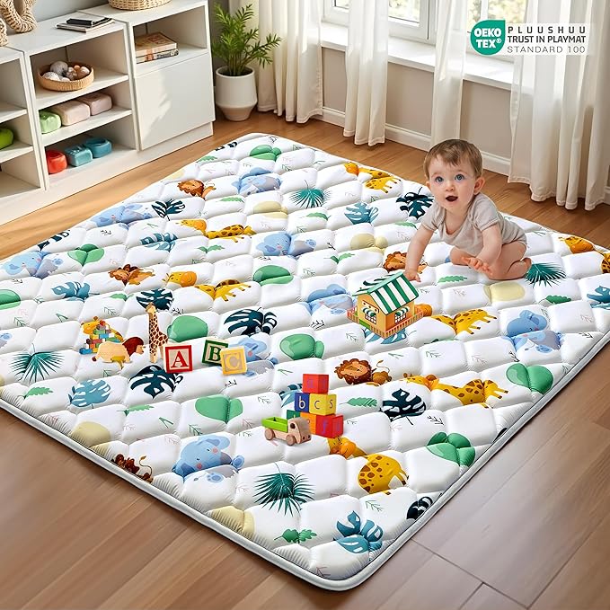 Baby Play Mats for Floor, 47x47 Playpen Mat for Babies, Extra Thicker & Soft Floor Crawling Mat, Foldable Non-Slip Playmat Cushioned for Infants Toddlers, Cute Animal Design