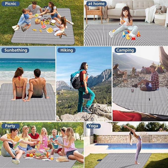 Picnic Blanket Waterproof Beach Rug 80''x118'' Picnic Mat Washable Lightweight with Handle Navy Blue Checkered for Hiking Travelling Outdoor Camping,Parks